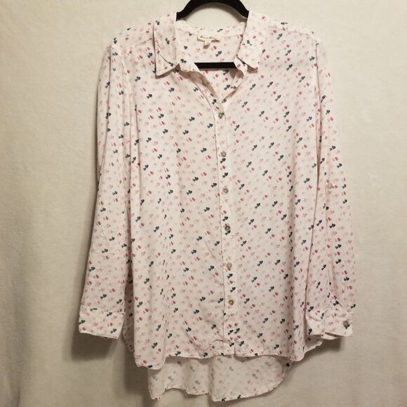 Jane & Delancey 1X Top Shirt Pink Heart Print Button Up Lightweight Valentine's - Picture 1 of 9